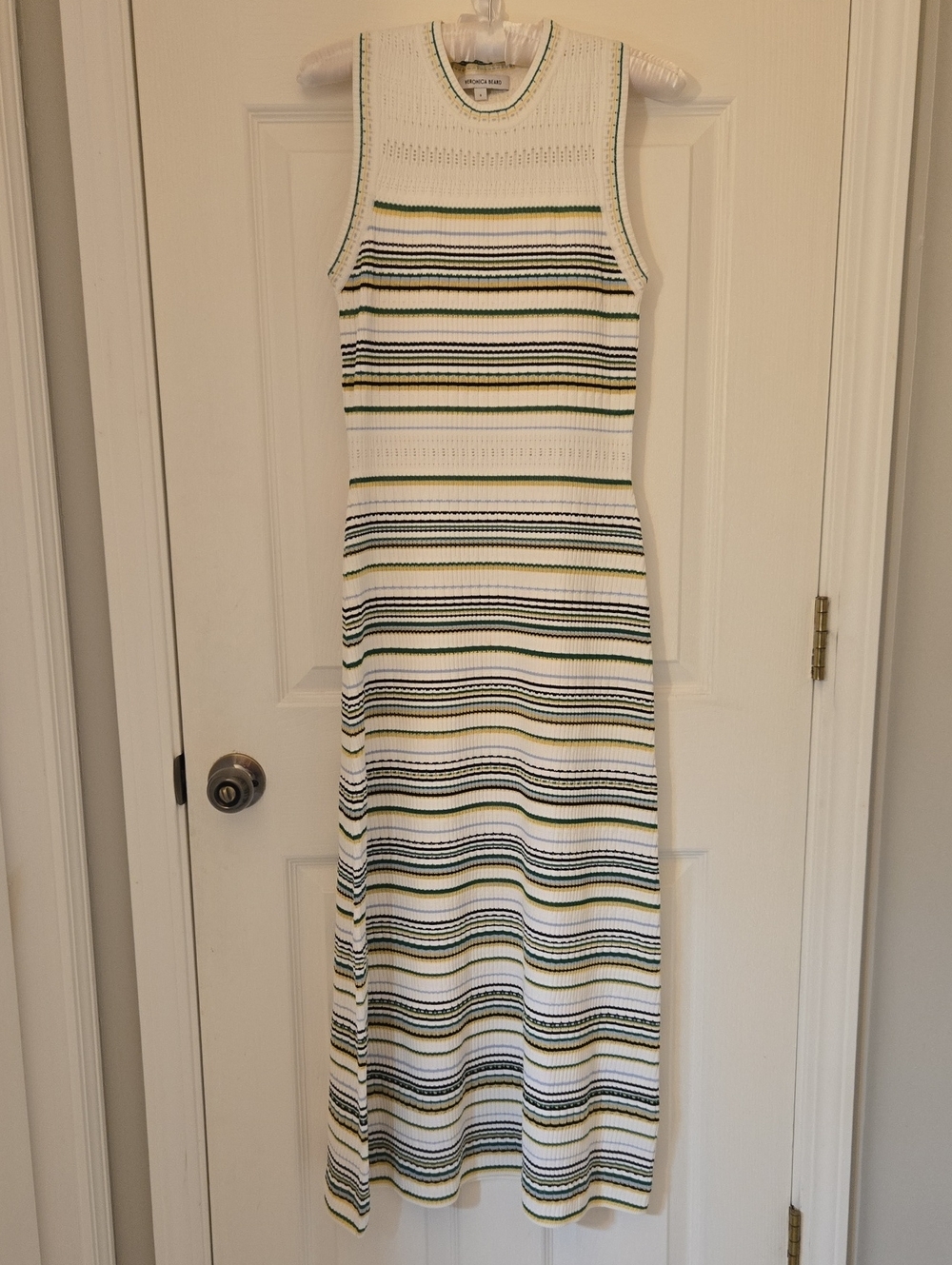 Veronica Beard White Maxi Dress with Green & Black Stripes